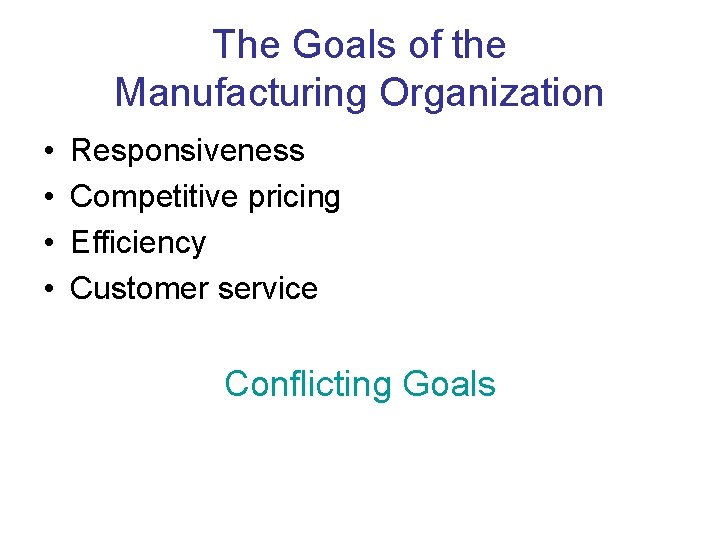 The Goals of the Manufacturing Organization • • Responsiveness Competitive pricing Efficiency Customer service