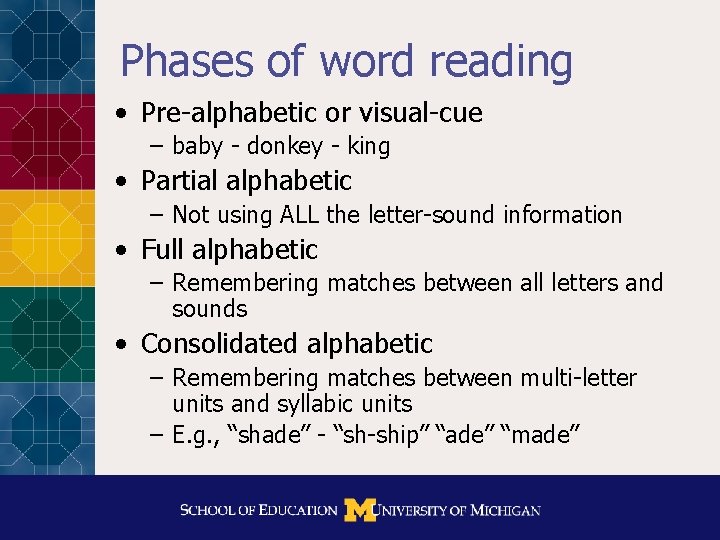 Phases of word reading • Pre-alphabetic or visual-cue – baby - donkey - king