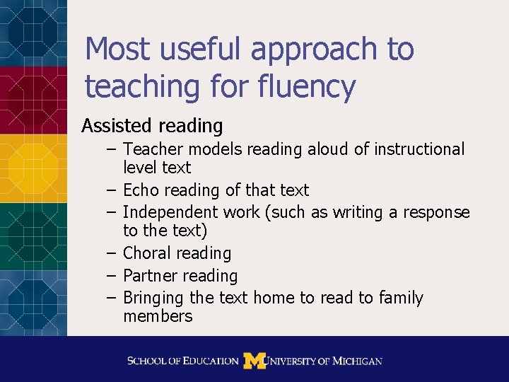 Most useful approach to teaching for fluency Assisted reading – Teacher models reading aloud