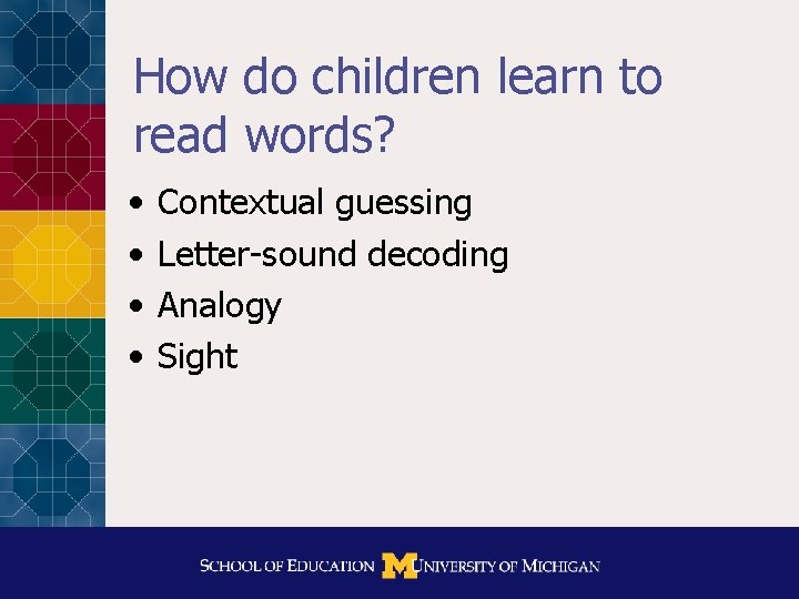 How do children learn to read words? • • Contextual guessing Letter-sound decoding Analogy