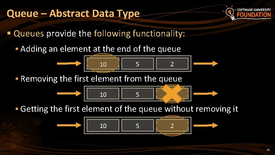 Queue – Abstract Data Type § Queues provide the following functionality: § Adding an