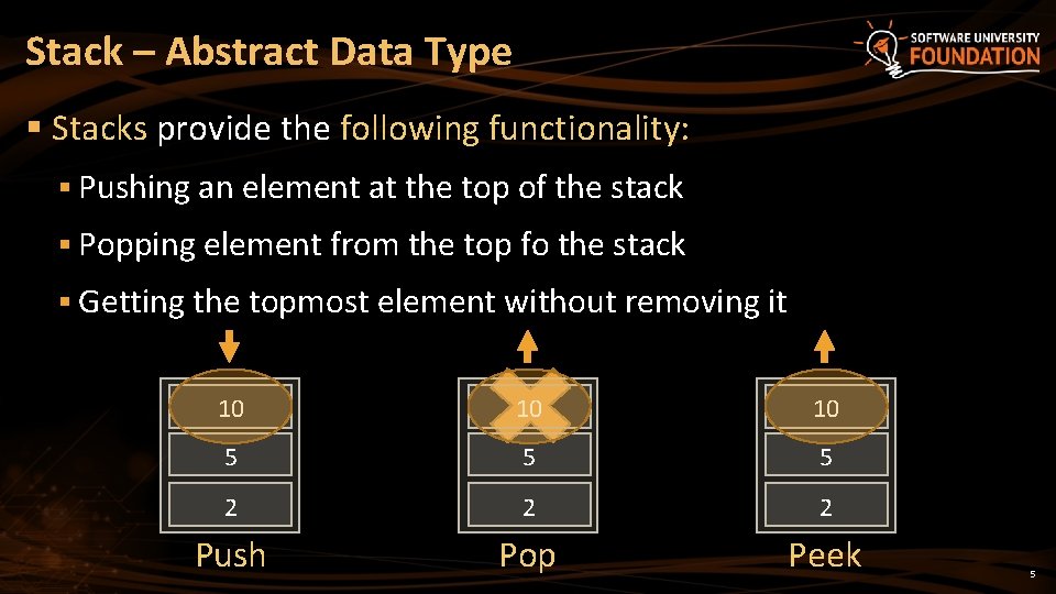 Stack – Abstract Data Type § Stacks provide the following functionality: § Pushing an