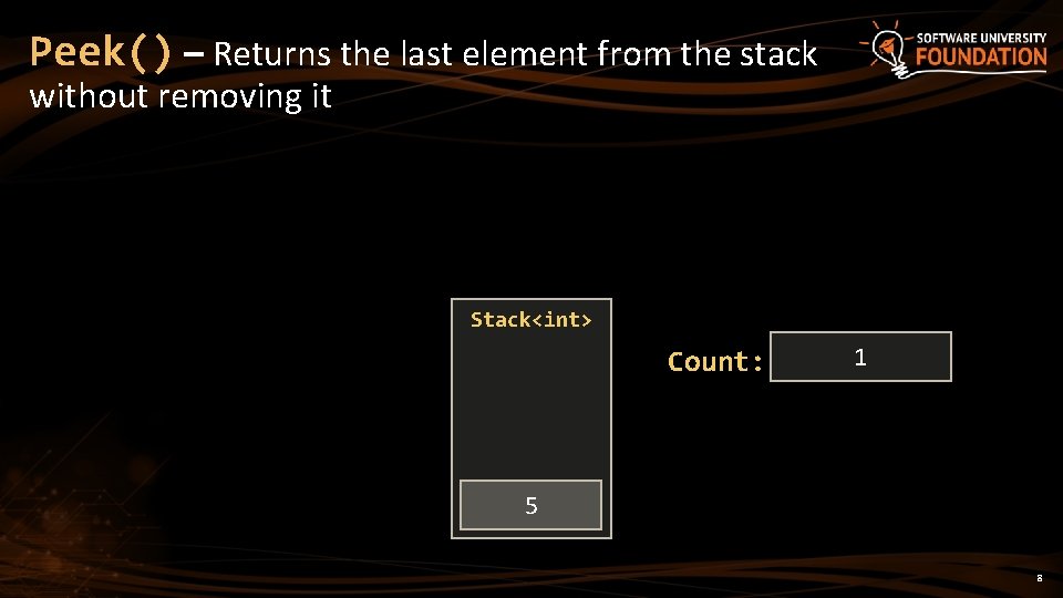 Peek() – Returns the last element from the stack without removing it Stack<int> Count: