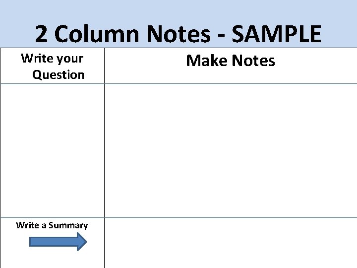 2 Column Notes - SAMPLE Write your Question Write a Summary Make Notes 
