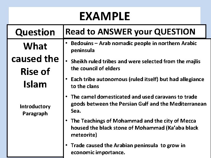 EXAMPLE Question Read to ANSWER your QUESTION • Bedouins – Arab nomadic people in