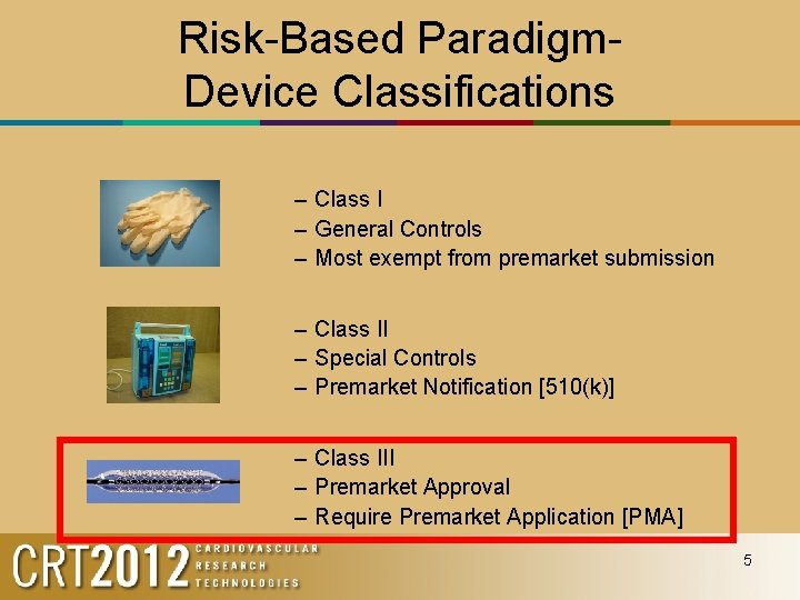 Risk-Based Paradigm. Device Classifications – Class I – General Controls – Most exempt from