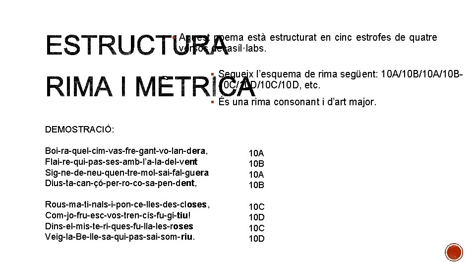 § Aquest poema està estructurat en cinc estrofes de quatre versos decasíl·labs. § Segueix