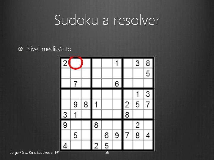 Sudoku a resolver Nivel medio/alto Jorge Pérez Ruiz. Sudokus en F# 35 