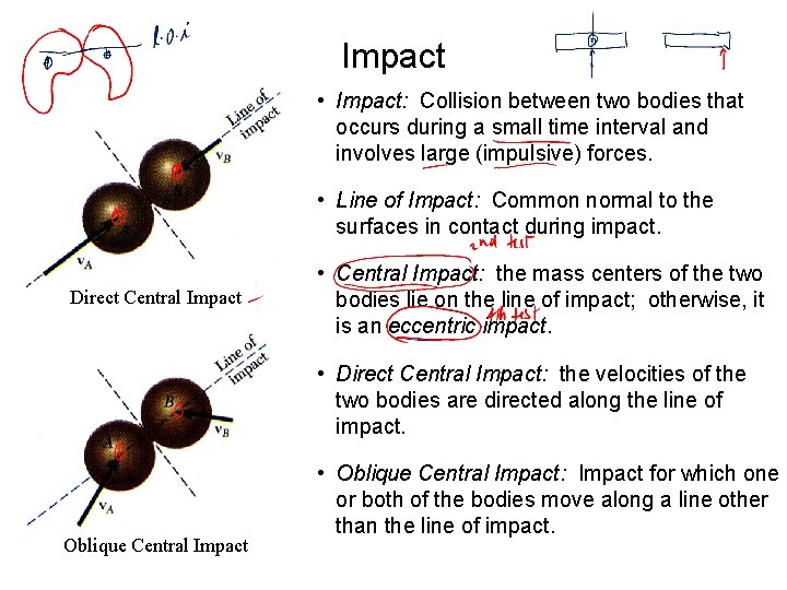 Impact • Impact: Collision between two bodies that occurs during a small time interval