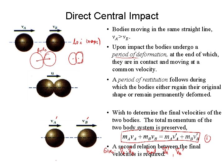 Direct Central Impact • Bodies moving in the same straight line, v. A >