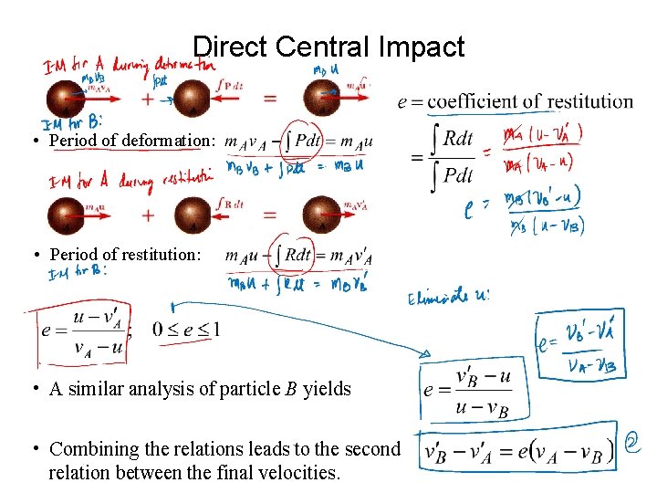 Direct Central Impact • Period of deformation: • Period of restitution: • A similar