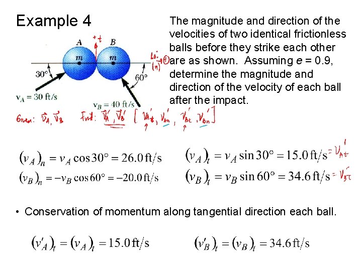 Example 4 The magnitude and direction of the velocities of two identical frictionless balls