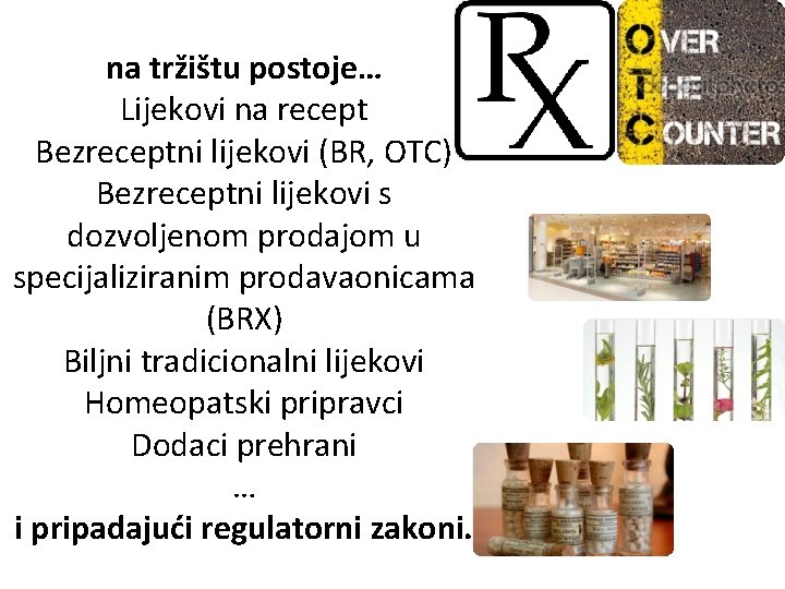 na tržištu postoje… Lijekovi na recept Bezreceptni lijekovi (BR, OTC) Bezreceptni lijekovi s dozvoljenom