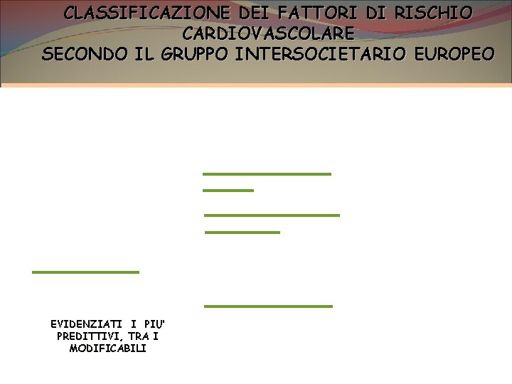 CLASSIFICAZIONE DEI FATTORI DI RISCHIO CARDIOVASCOLARE SECONDO IL GRUPPO INTERSOCIETARIO EUROPEO EVIDENZIATI I PIU’