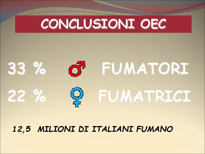 CONCLUSIONI OEC 33 % FUMATORI 22 % FUMATRICI 12, 5 MILIONI DI ITALIANI FUMANO