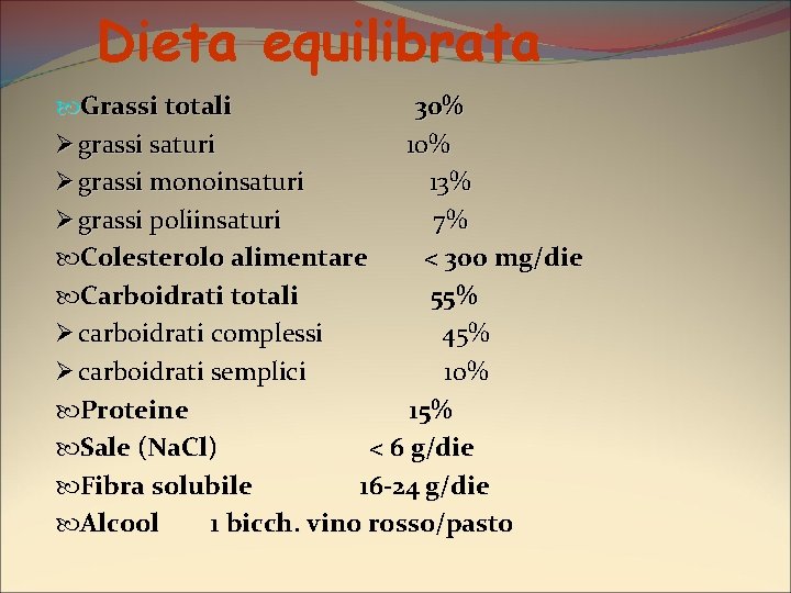 Dieta equilibrata Grassi totali 30% Ø grassi saturi 10% Ø grassi monoinsaturi 13% Ø