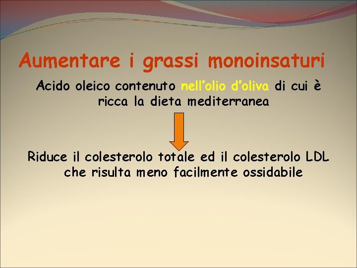 Aumentare i grassi monoinsaturi Acido oleico contenuto nell’olio d’oliva di cui è ricca la