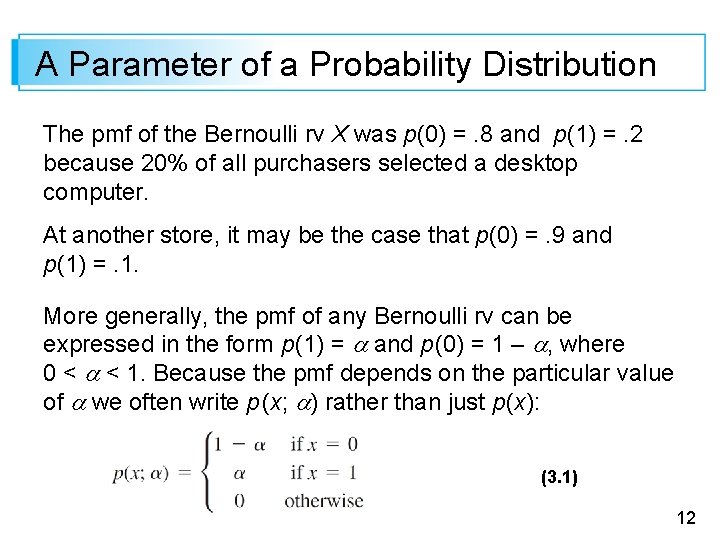 A Parameter of a Probability Distribution The pmf of the Bernoulli rv X was