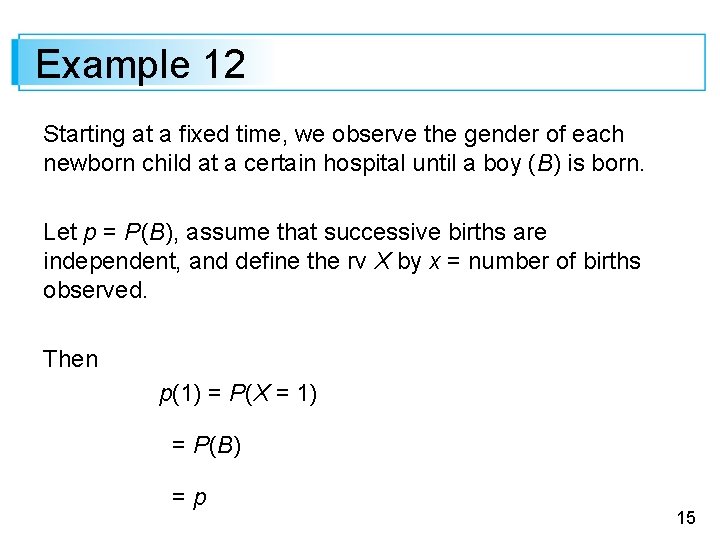 Example 12 Starting at a fixed time, we observe the gender of each newborn