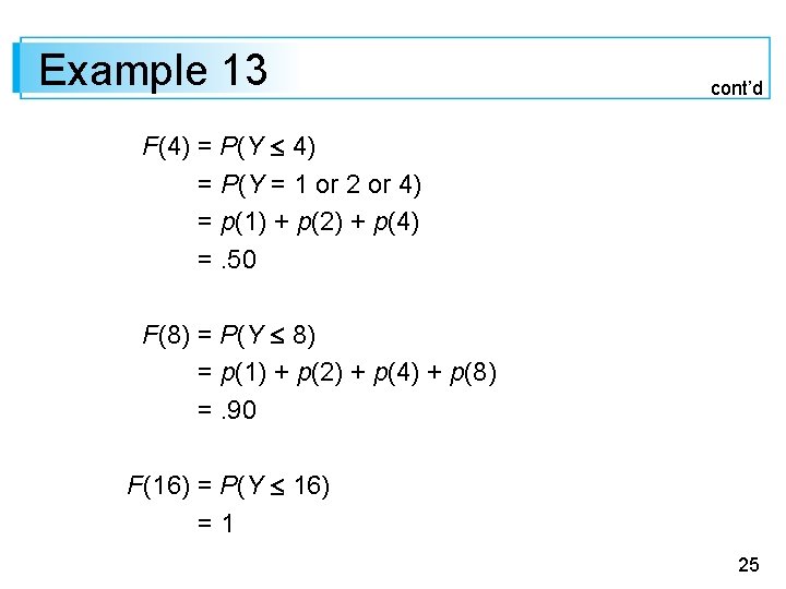 Example 13 cont’d F(4) = P(Y = 1 or 2 or 4) = p(1)