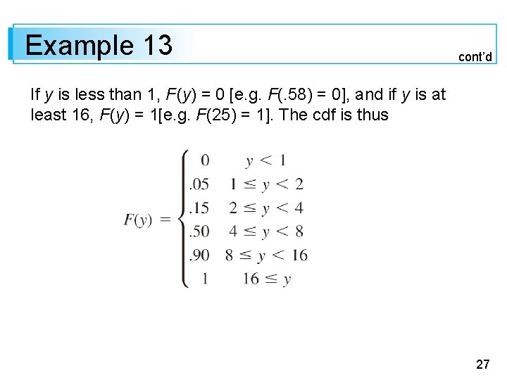 Example 13 cont’d If y is less than 1, F (y) = 0 [e.