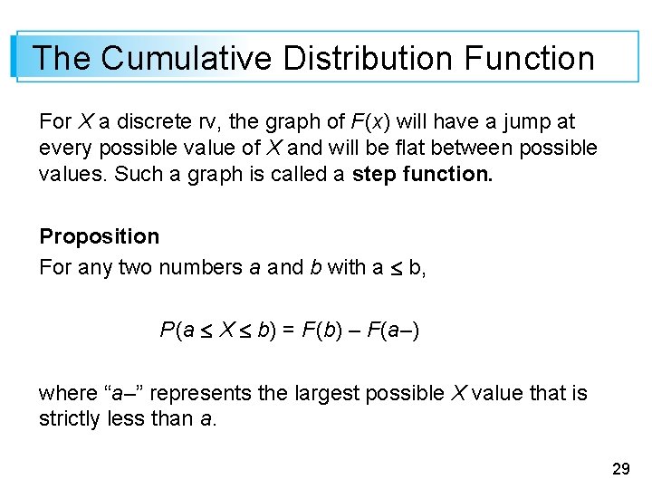The Cumulative Distribution Function For X a discrete rv, the graph of F (x)