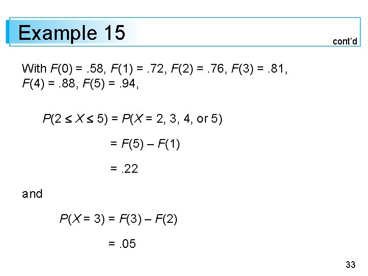 Example 15 cont’d With F(0) =. 58, F(1) =. 72, F(2) =. 76, F(3)