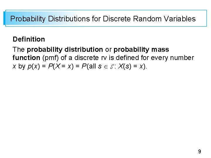 Probability Distributions for Discrete Random Variables Definition The probability distribution or probability mass function