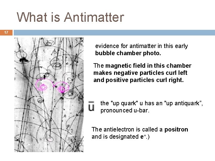 What is Antimatter 17 evidence for antimatter in this early bubble chamber photo. The