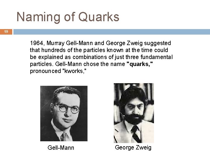 Naming of Quarks 19 1964, Murray Gell-Mann and George Zweig suggested that hundreds of