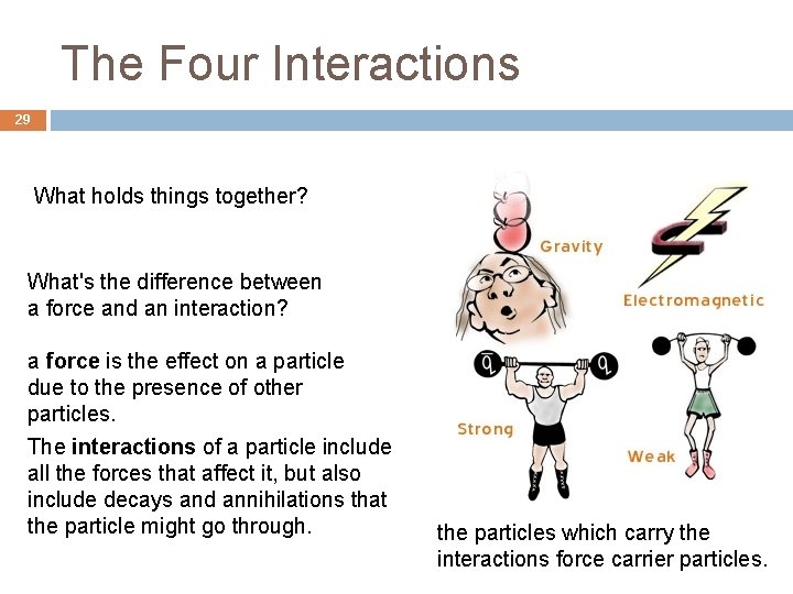 The Four Interactions 29 What holds things together? What's the difference between a force