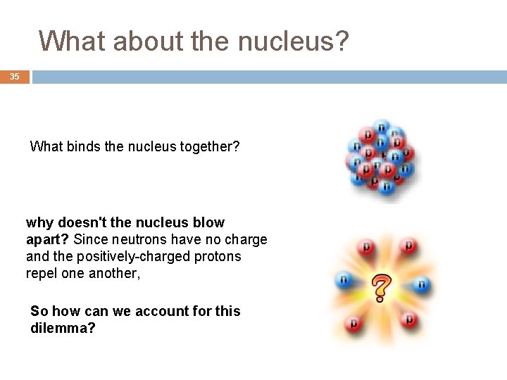 What about the nucleus? 35 What binds the nucleus together? why doesn't the nucleus