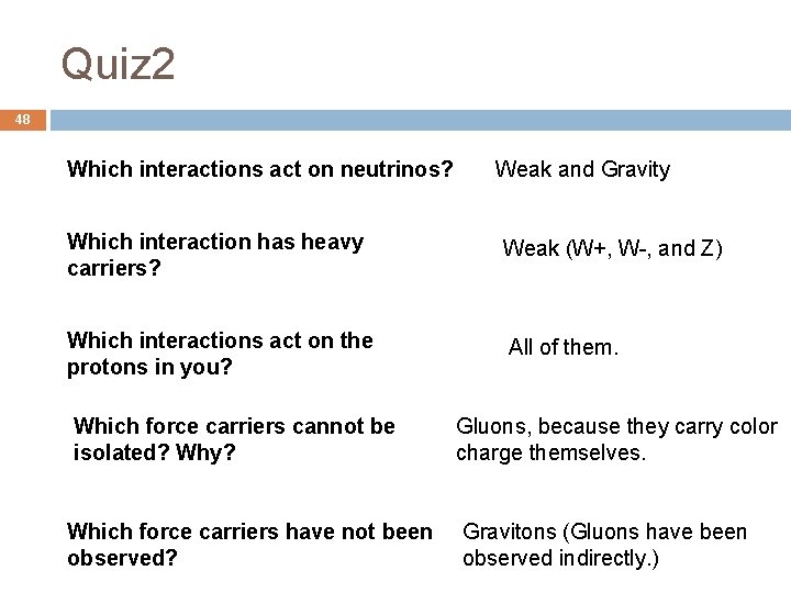 Quiz 2 48 Which interactions act on neutrinos? Weak and Gravity Which interaction has