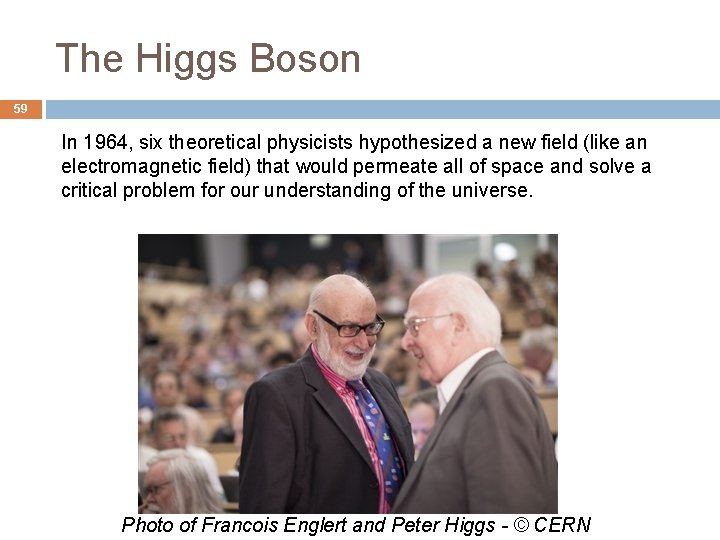 The Higgs Boson 59 In 1964, six theoretical physicists hypothesized a new field (like