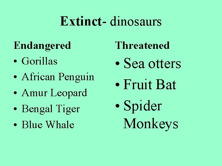 Extinct- dinosaurs Endangered • Gorillas • African Penguin • Amur Leopard • Bengal Tiger