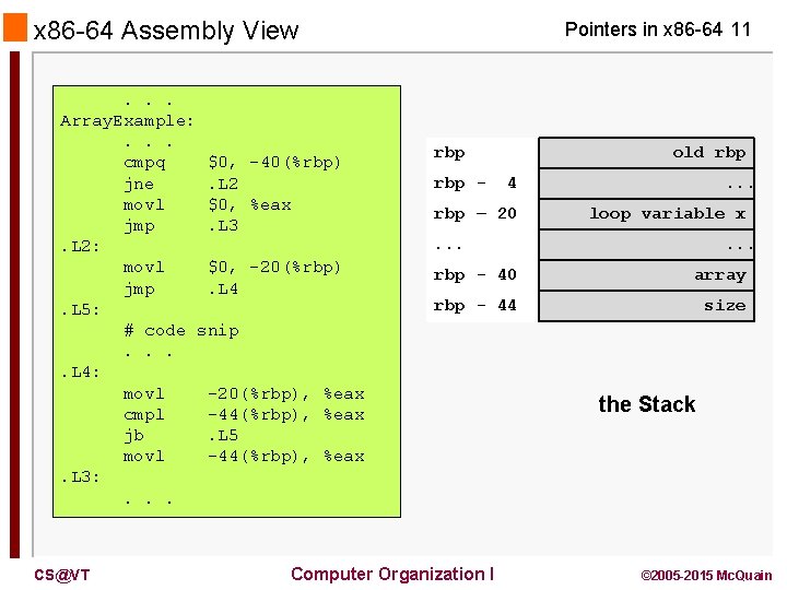 x 86 -64 Assembly View. . . Array. Example: . . . cmpq $0,