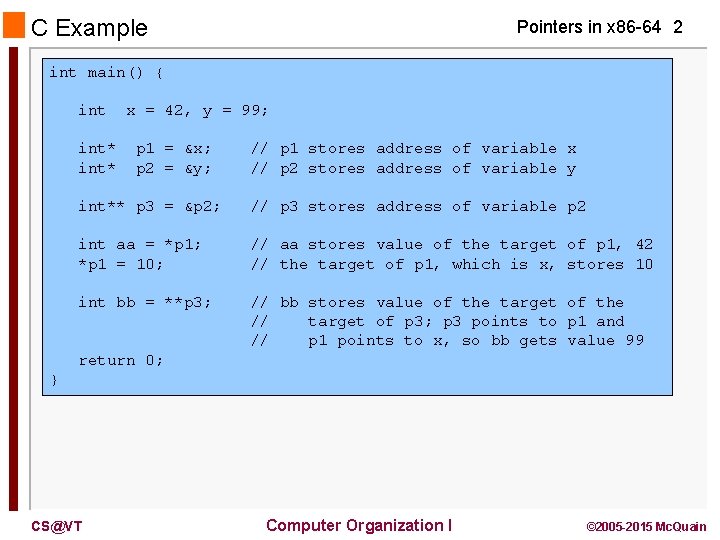 C Example Pointers in x 86 -64 2 int main() { int* x =