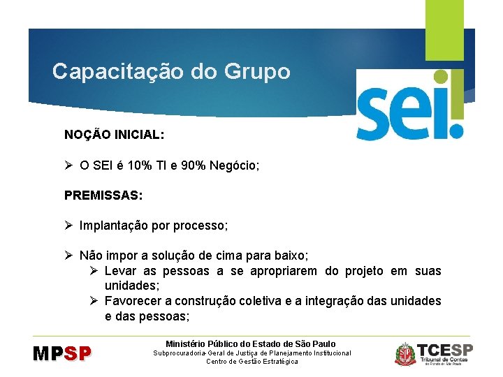 Capacitação do Grupo NOÇÃO INICIAL: Ø O SEI é 10% TI e 90% Negócio;