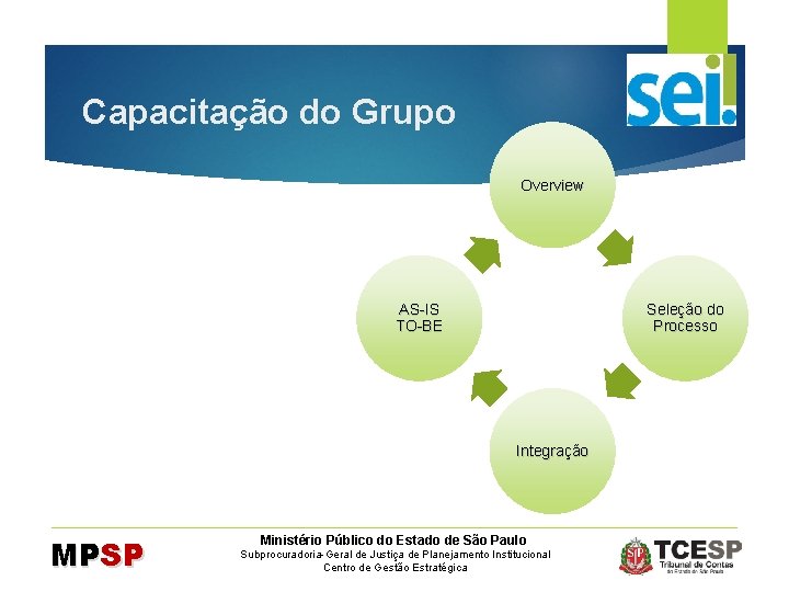 Capacitação do Grupo Overview AS-IS TO-BE Seleção do Processo Integração MPSP Ministério Público do