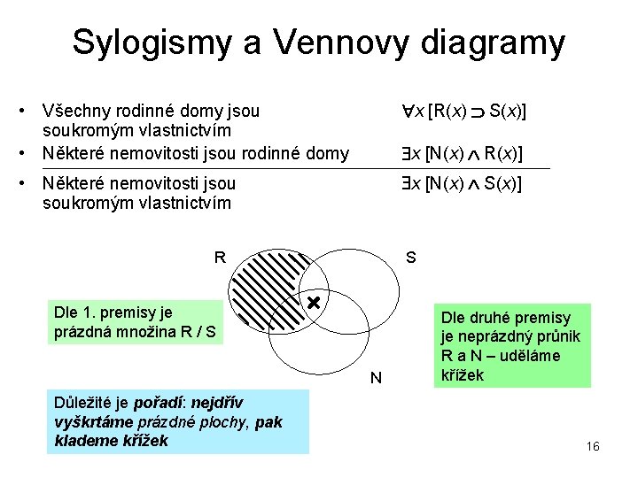 Sylogismy a Vennovy diagramy • Všechny rodinné domy jsou soukromým vlastnictvím • Některé nemovitosti Sylogismy a Vennovy diagramy • Všechny rodinné domy jsou soukromým vlastnictvím • Některé nemovitosti