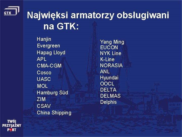 Najwięksi armatorzy obsługiwani na GTK: Hanjin Evergreen Hapag Lloyd APL CMA-CGM Cosco UASC MOL