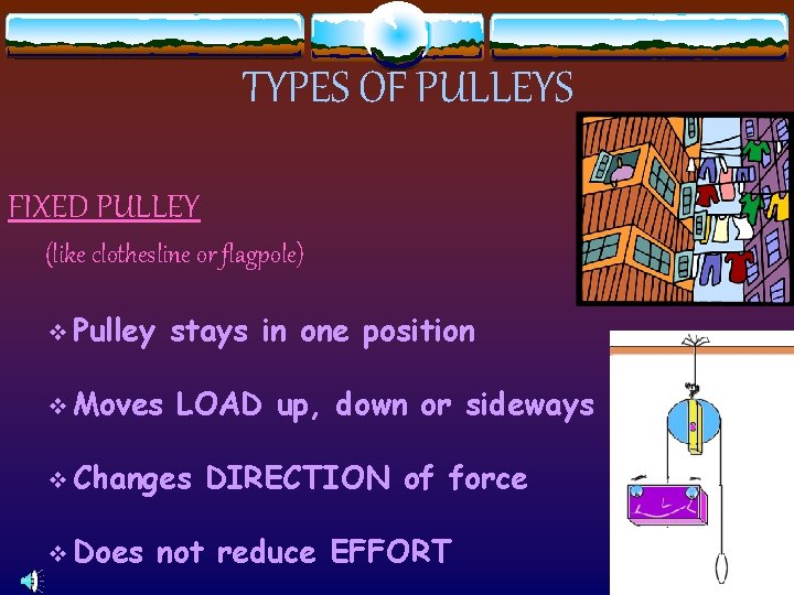 TYPES OF PULLEYS FIXED PULLEY (like clothesline or flagpole) v Pulley stays in one