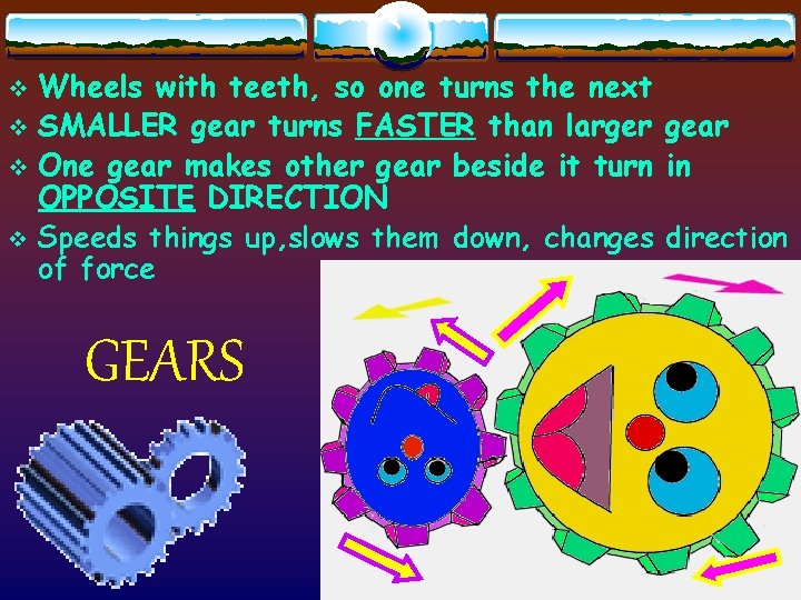 v v Wheels with teeth, so one turns the next SMALLER gear turns FASTER