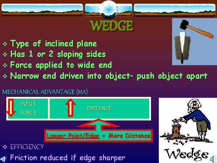 WEDGE Type of inclined plane v Has 1 or 2 sloping sides v Force