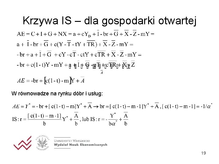 Krzywa IS – dla gospodarki otwartej W równowadze na rynku dóbr i usług: 19