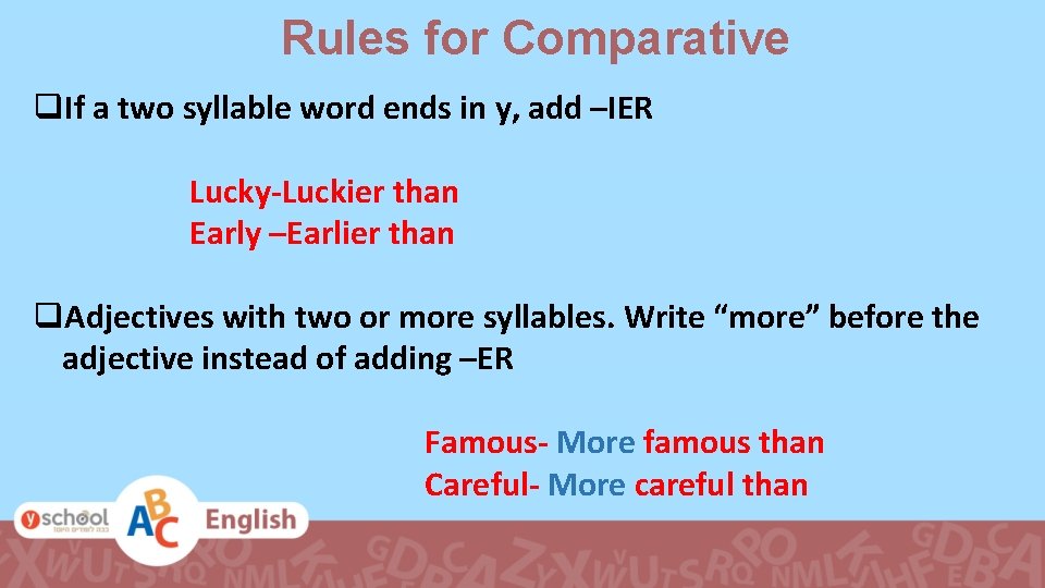 Rules for Comparative q. If a two syllable word ends in y, add –IER