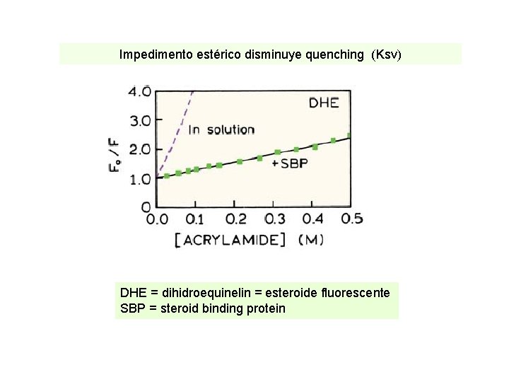 Impedimento estérico disminuye quenching (Ksv) DHE = dihidroequinelin = esteroide fluorescente SBP = steroid