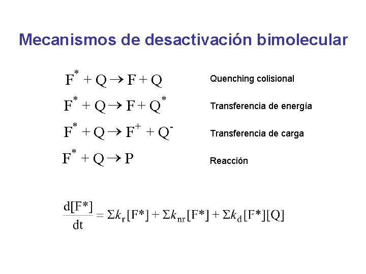 Mecanismos de desactivación bimolecular F* + Q ® F + Q Quenching colisional F*