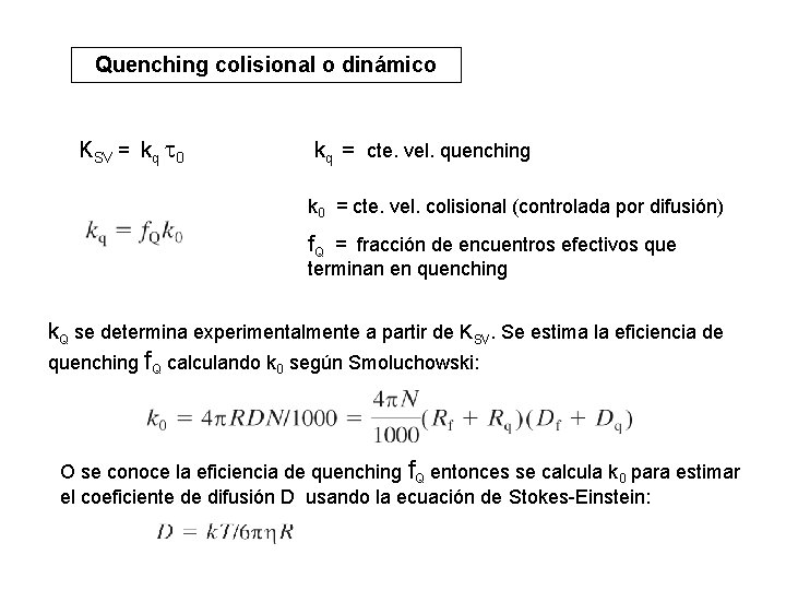 Quenching colisional o dinámico KSV = kq 0 kq = cte. vel. quenching k