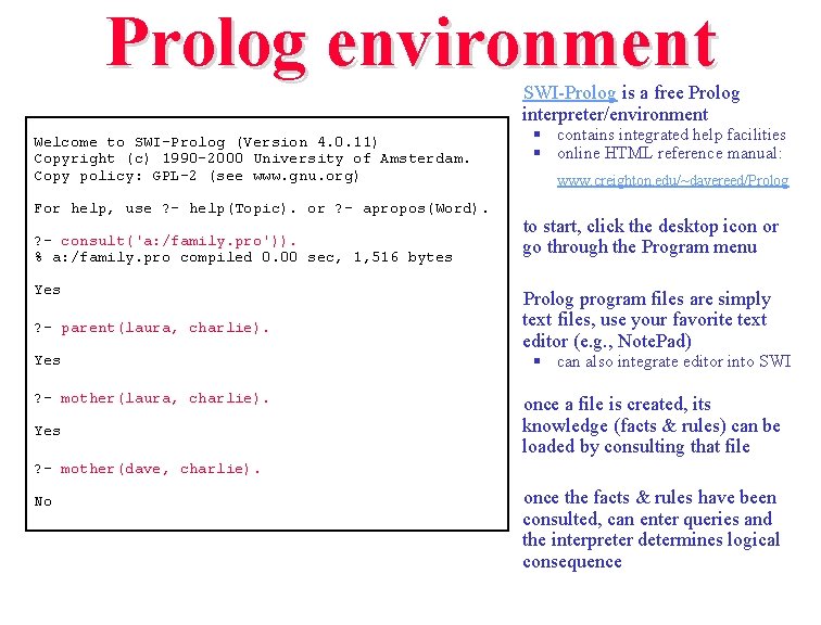 Prolog environment SWI-Prolog is a free Prolog interpreter/environment Welcome to SWI-Prolog (Version 4. 0. Prolog environment SWI-Prolog is a free Prolog interpreter/environment Welcome to SWI-Prolog (Version 4. 0.